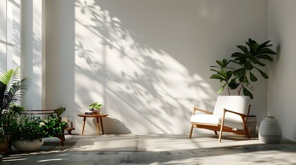 Obraz premium Modern interior design with green plants and white furniture, creating an elegant home environment. The sunlight casts shadows on the wall, adding depth to the scene.