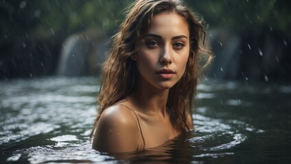 Fototapeta premium Young Woman Posing Gracefully Amidst Water's Embrace