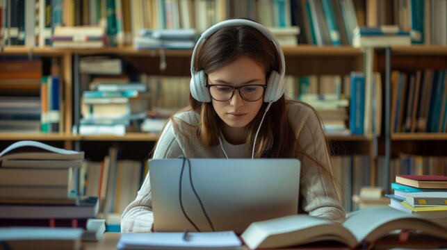 A young woman with glasses is engaged in work or study on her laptop surrounded by books