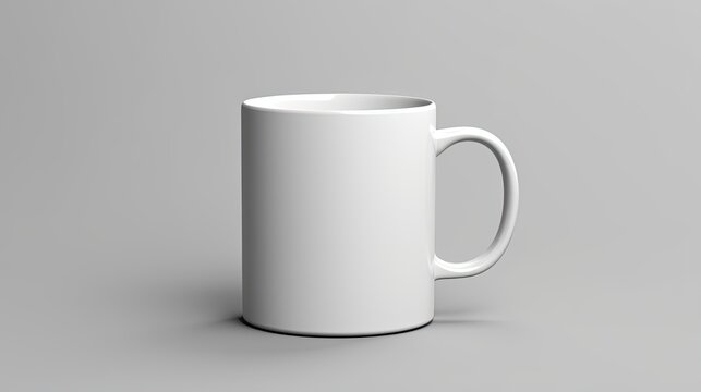 A simple and elegant white coffee mug. The mug is sitting on a solid gray background. The mug is plain and has no design on it.