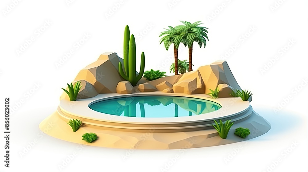 Poster 3d rendering of a luxury swimming pool with palm trees and cacti in the desert.