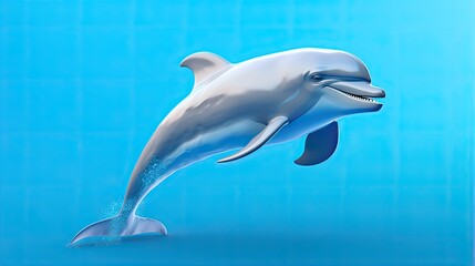 A bottlenose dolphin leaps gracefully through the blue ocean water.