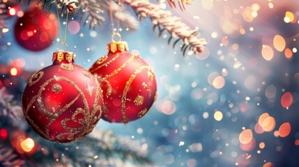 Festive Christmas Red Baubles on Tree Branch with Glittering Background, Generative AI