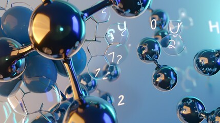 A 3D rendered image of a triglyceride molecule with a glossy,metallic surface and surrounded by floating chemical equations,set in a minimalist laboratory-inspired environment.
