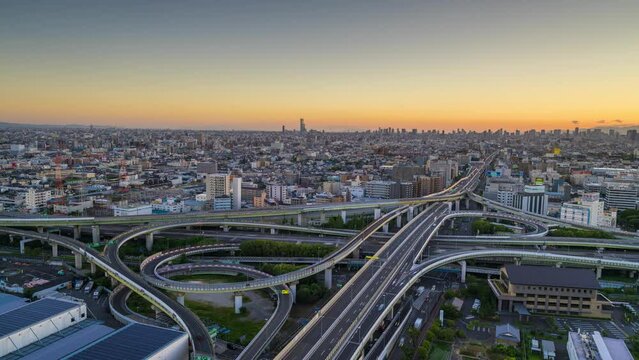 East Osaka, Japan highways and junctions at dusk.