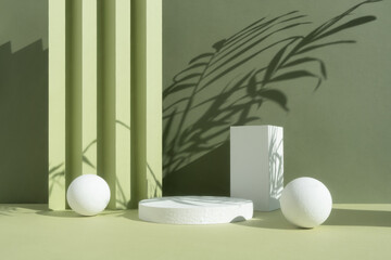 White round podium on an abstract green background with a shadow of palm leaves. A scene with a...