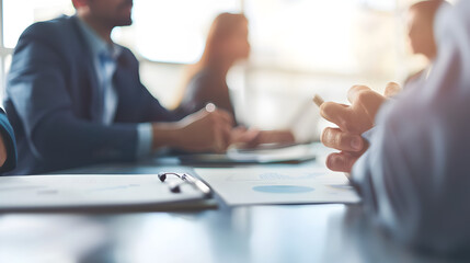 Fototapeta premium A detailed shot of a business meeting with executives discussing strategies around a table.