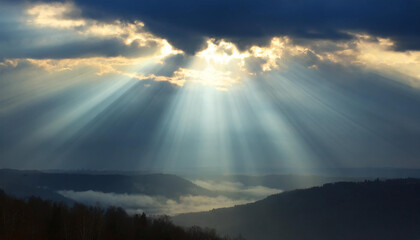 abstract background sunlight breaking through the clouds, summer, image of heaven and God, bright faith