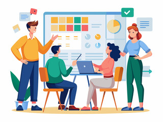 Office team using a whiteboard for planning