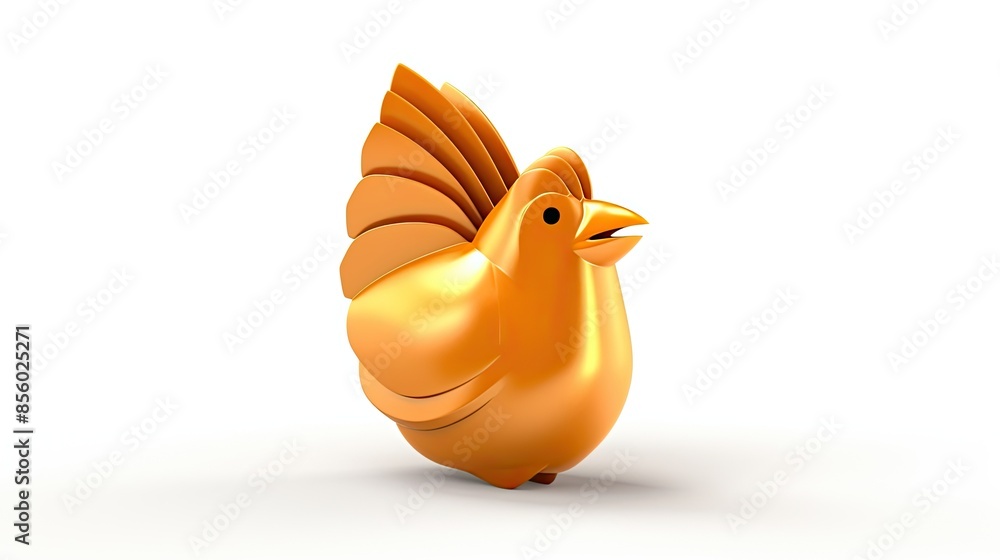 Poster 3d rendering of a golden cartoon chicken. the chicken is facing the left of the viewer.