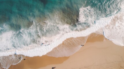 Beach surf line, view from above. Aerial top view on sea beach.