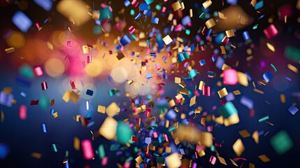 Colored confetti flying on blue background