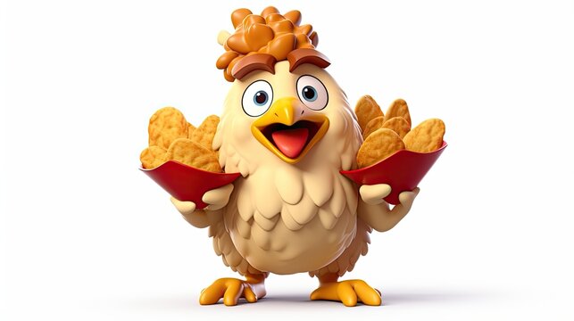3D rendering of a funny cartoon chicken holding two bowls of chicken nuggets.