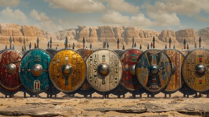 Explore the historical depiction of Ancient Egyptian weaponry during the Middle Ages, featuring traditional arms such as swords, spears, and shields used by warriors in battle.