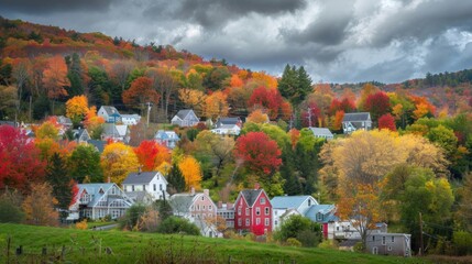 Obraz premium A picturesque hillside covered in colorful autumn foliage, with a quaint village below. 