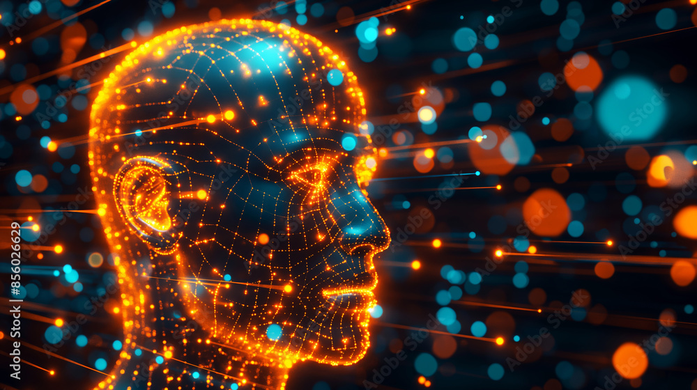 Aufkleber a computer generated face with a blue and orange background. the face is surrounded by a lot of dots