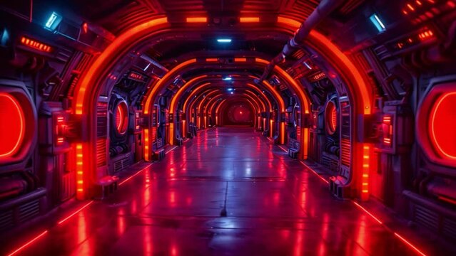 This Red Neon Lights Illuminate Futuristic Tunnel. Laser tag arena