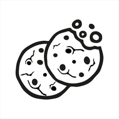 Two chip cookies icon. Simple cookie icon vector illustration. Bitten cookies silhouette or logo. Round black and white biscuit symbol isolated on white