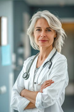 A confident female doctor with grey hair and a stethoscope, standing with arms crossed in a medical facility