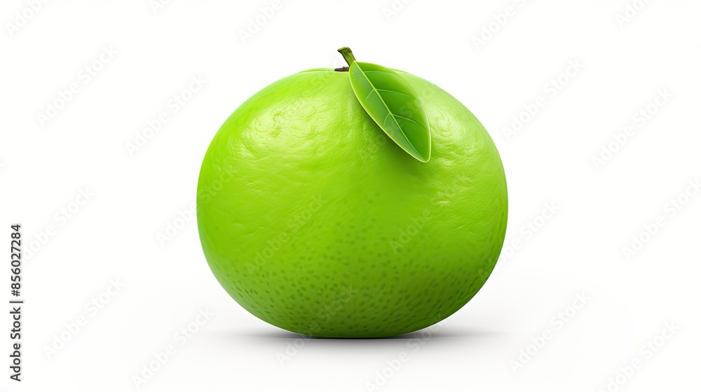 Poster 3d rendering of a green lime with a single leaf, isolated on a white background. the lime is slightl