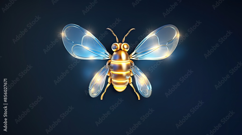 Poster a stunning 3d rendering of a bee. the bee is made of gold and has transparent wings. it is hovering 