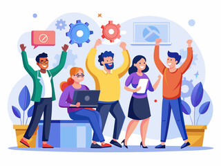 A group of tech developers celebrating after deploying a new software update