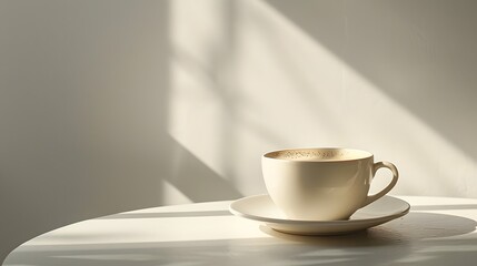 A cup and saucer on a table with a white background, in the style of coffee art, minimalist composition, high resolution, subtle shadows, neutral tones.