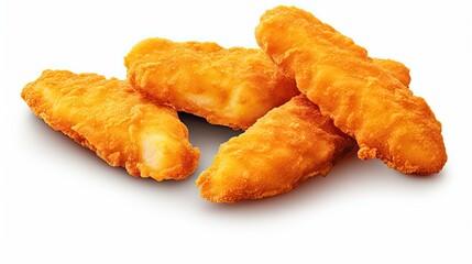 Four crispy golden fried fish fillets on a white background. The fillets are made from white fish and are coated in a crispy batter.