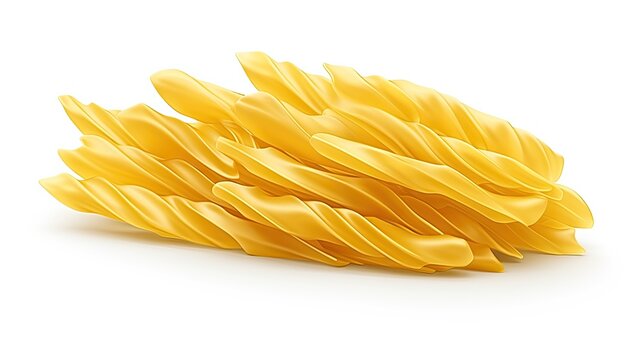 A close-up image of a pile of dry, uncooked, yellow, twisted pasta. The pasta is isolated on a white background.