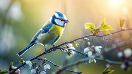 Fototapeta premium Blue tit perched on a green twig during the spring season