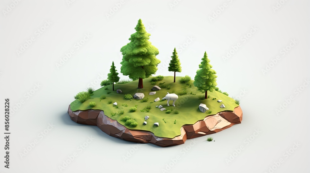 Poster a small clearing in the forest with a grazing deer. the clearing is surrounded by green trees and sh
