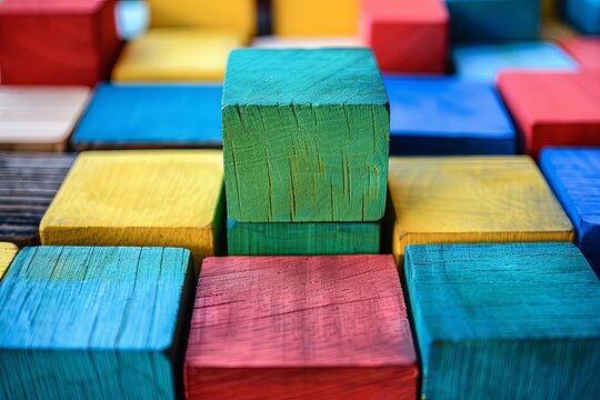 Wooden colorful blocks stacked on each other, symbol or concept of equality, inclusion, and diversity.