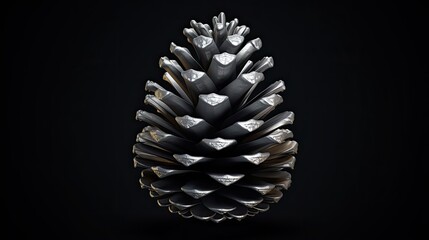 A beautiful 3D rendering of a pine cone. The cone is made of metal and has a shiny, reflective surface.