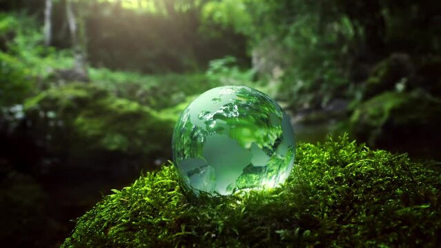 Glass globe on grass moss in forest,symbolizing the concept of World Environment Day, renewable energy, sustainable development goals