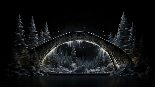 A winter wonderland of snow-covered trees and a frozen lake with a glowing archway in the background. - Powered by Adobe