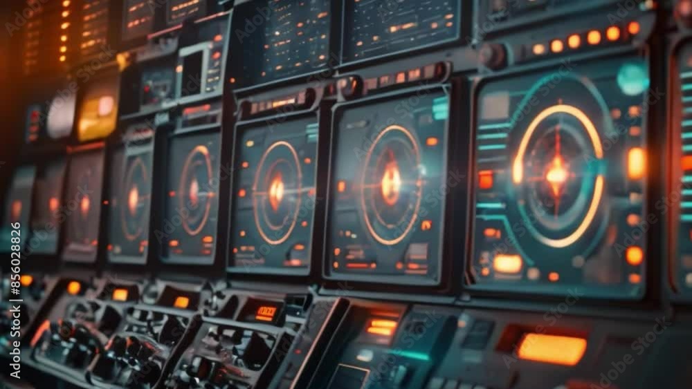 Poster this close-up shot of a futuristic control panel with digital displays and glowing buttons. laser ta
