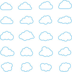 Thin line icon set of blue clouds in various shapes. Thin line icons, flat vector illustrations. Isolated on white, transparent background