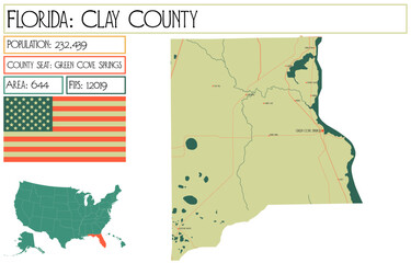 Obraz premium Large and detailed map of Clay County in Florida USA.