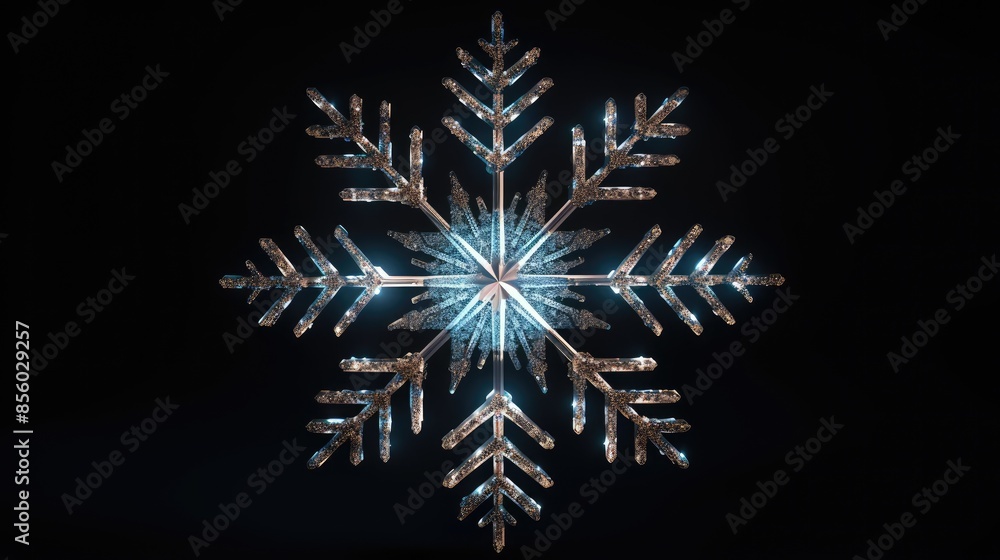 Poster 3D rendering of a beautiful snowflake made of ice and snow. The snowflake is lit by a bright light, which makes it sparkle and shine.