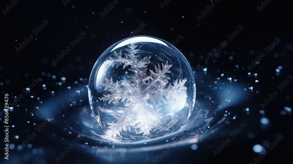 Poster a beautiful and unique image of a snowflake captured inside a water bubble.