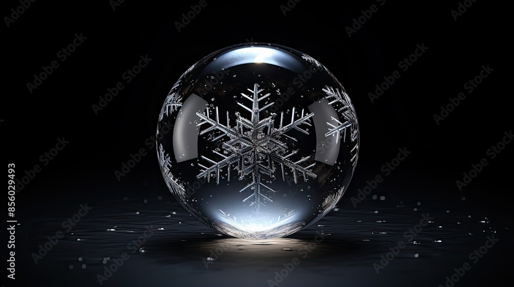 Poster 3d rendering of a snowflake inside a glass sphere. the sphere is sitting on a reflective surface. th