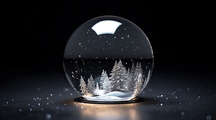 A beautiful snow globe with a winter scene inside. The globe is made of glass and has a black base.