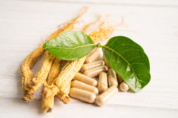 Ginseng, dried vegetable herb. Healthy food famous export food in Korea country.