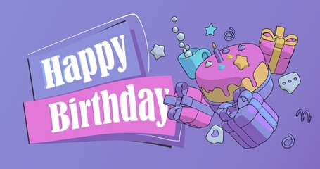 Concept happy day. Birthday cake vector background design. Happy birthday greeting text with yummy cake element decoration for kids party occasion. Vector illustration