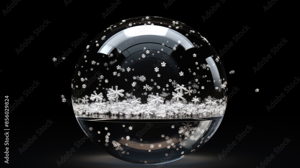 Poster 3d rendering of a snow globe with snowflakes falling inside. the globe is made of glass and is sitti