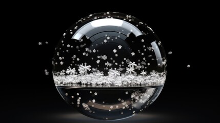 3D rendering of a snow globe with snowflakes falling inside. The globe is made of glass and is sitting on a black surface.