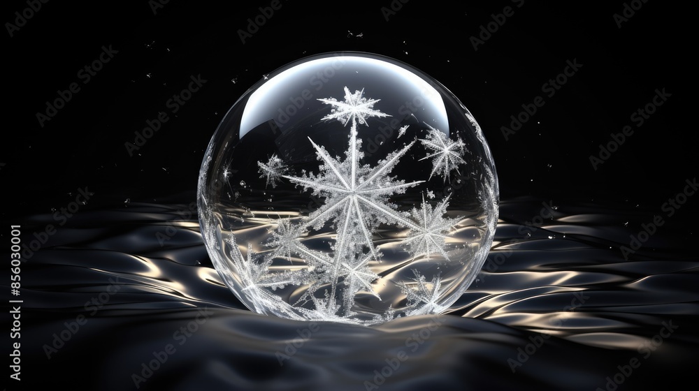 Poster a beautiful and unique image of a frozen soap bubble with snowflakes inside.