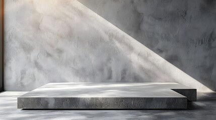 Polished concrete platform under the gentle caress of afternoon sunlight, set against a smooth, neutral-toned wall. Designed for product staging.