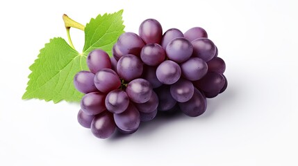 Fototapeta premium A beautiful bunch of purple grapes with green leaves, isolated on a white background.