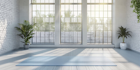 Fototapeta premium A yoga studio with sunlight streaming through the windows.